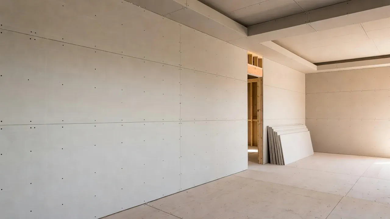 Interior drywall panels prepared for installation and finishing