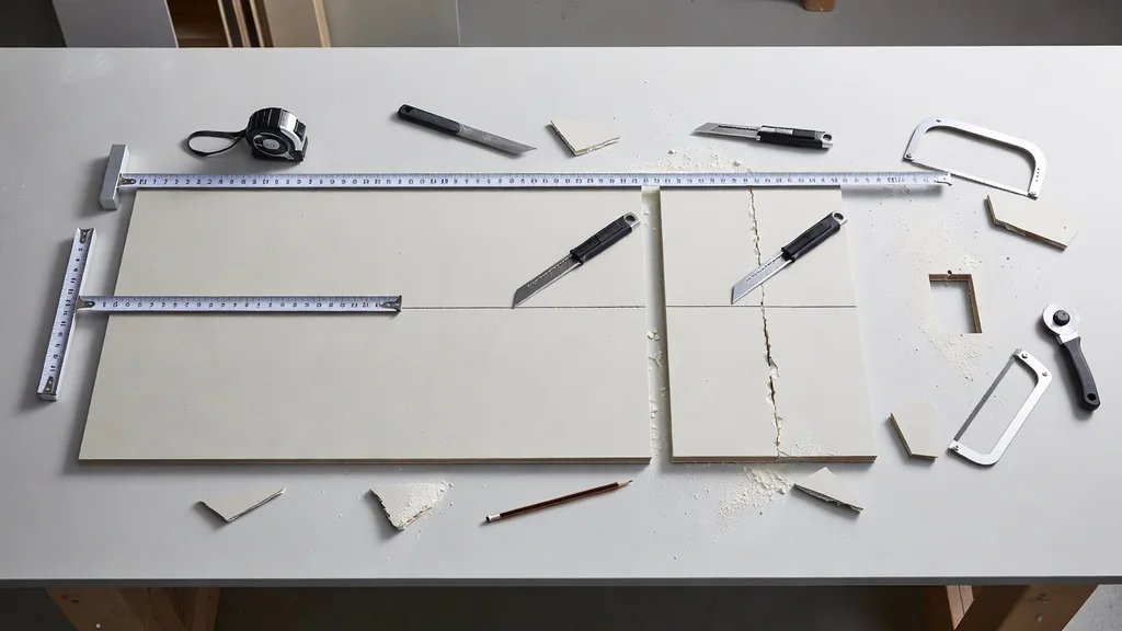 Drywall measuring, scoring, and opening-cut tools arranged on a panel