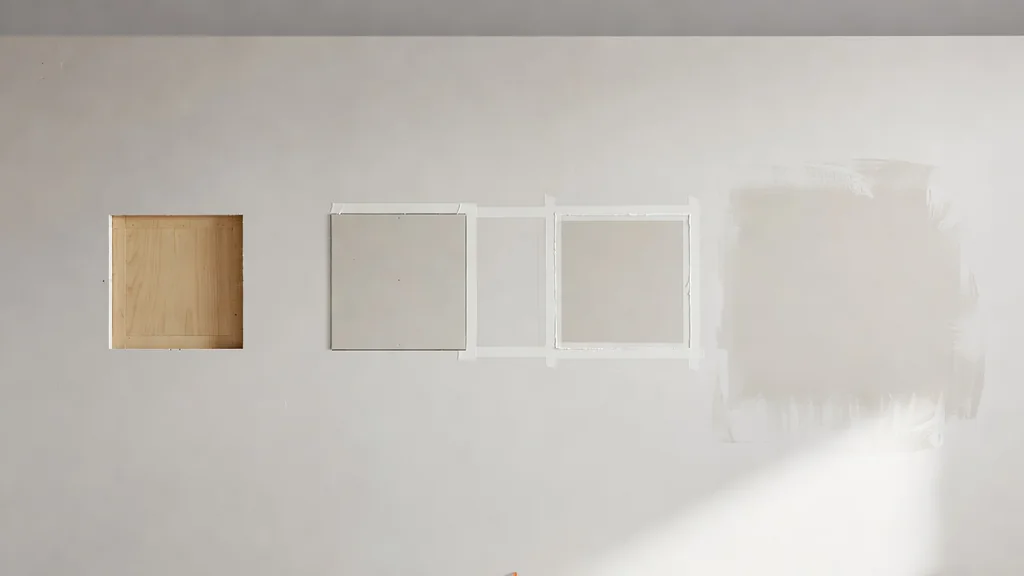 Drywall patch shown through opening, board, tape, and finish stages