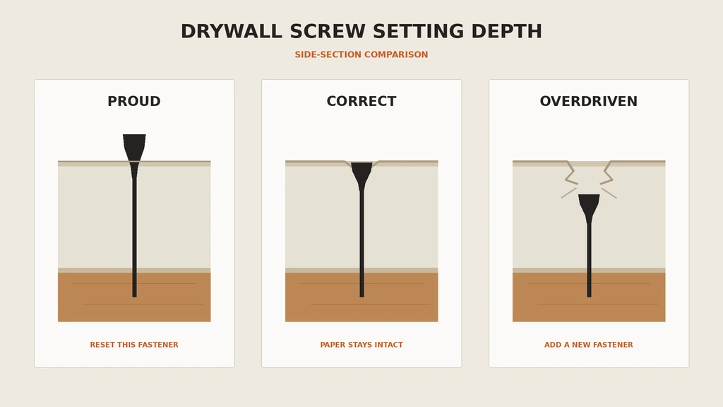 Drywall screw heads shown at several setting depths