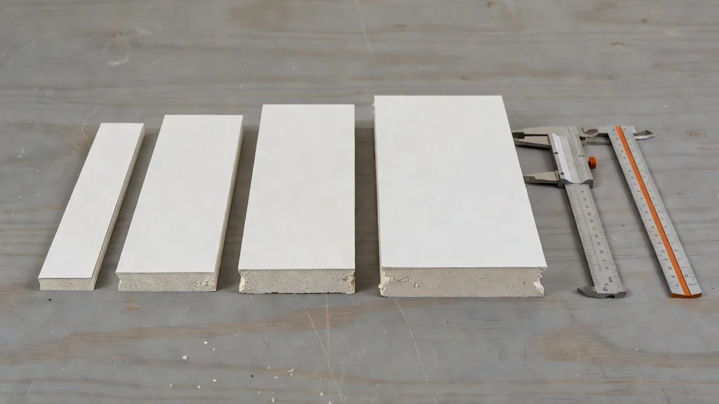 Gypsum panel edge samples arranged to compare thickness