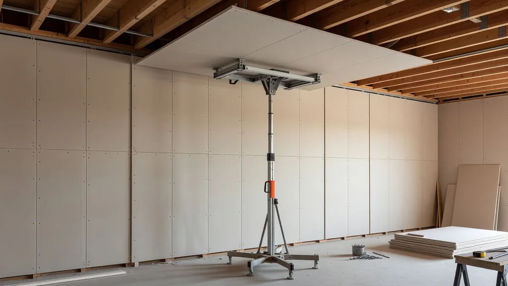 Ceiling panel lift supporting drywall against open framing