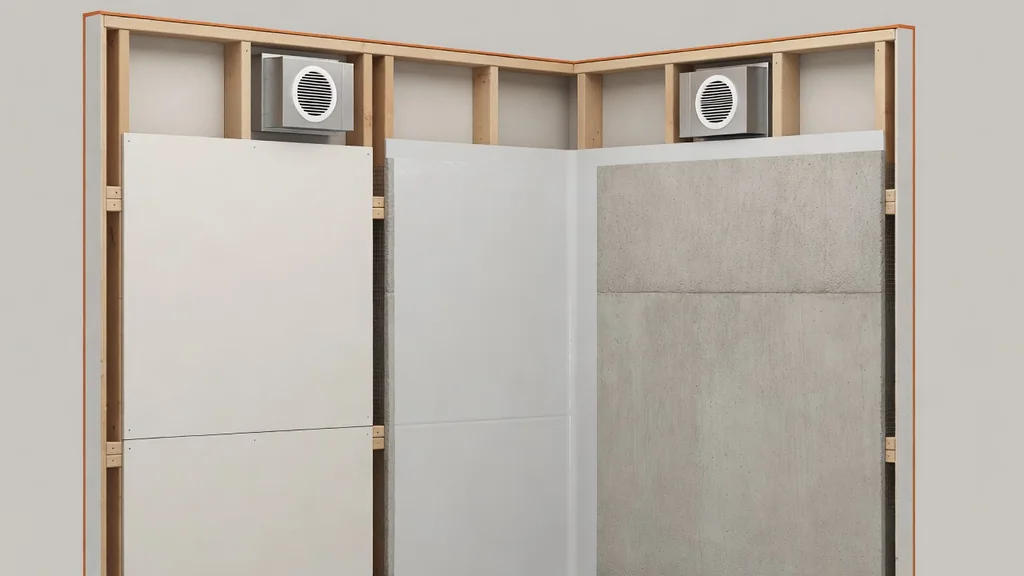 Dry bathroom wall and direct-wet shower wall shown as separate assemblies
