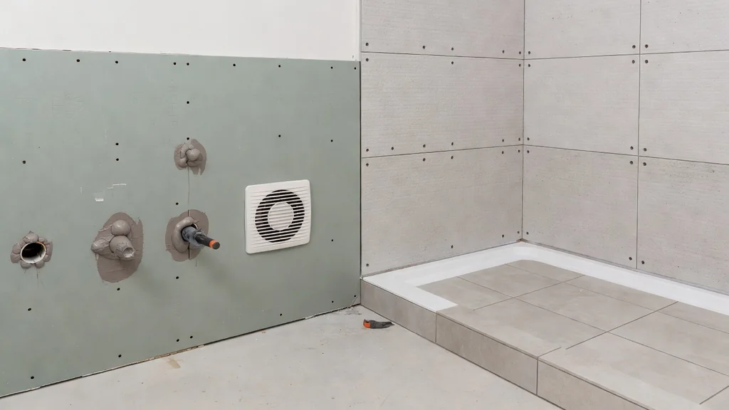 Moisture-resistant gypsum next to a separate shower backing assembly