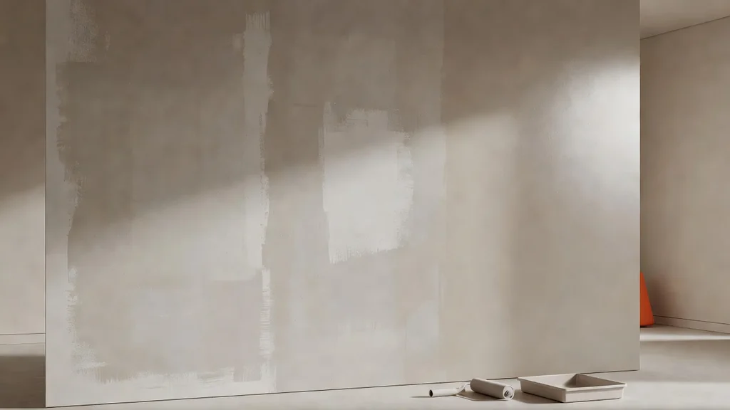 Repaired drywall shown through compound, primer, and finish coat stages