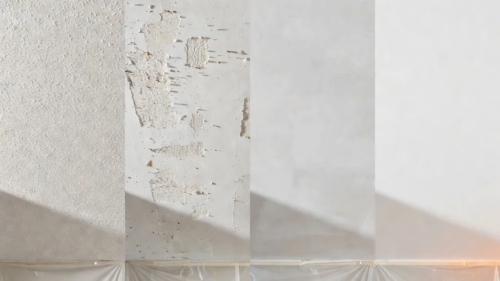 Popcorn ceiling surface shown through removal and refinishing stages