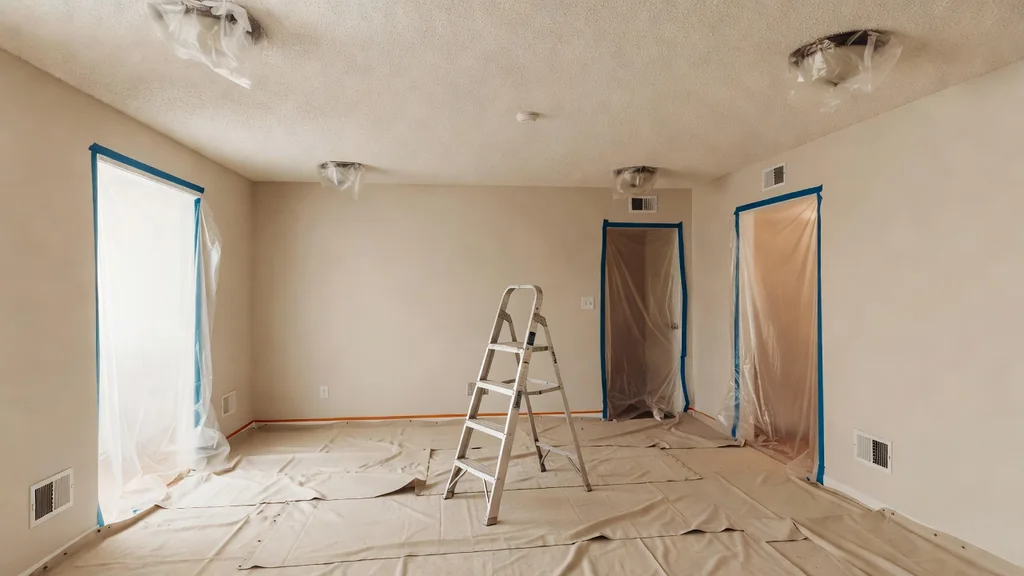 Room protected with floor covering and barriers before ceiling work